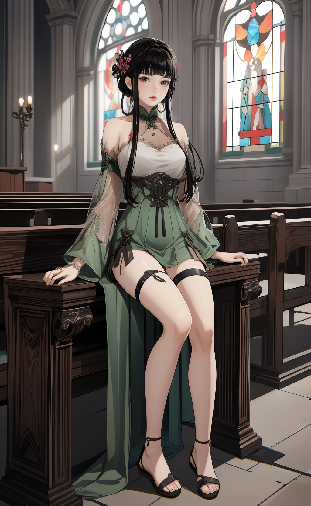 masterpiece,8k high quality detailed,highres,(solo:1.2),rim light,(full body:1.2),in church,church_hall,window,sunlight,bench,icon,candleholder,
<lora:AI_Girl_008_v3:0.7>,aigirl008v3,1girl,black hair,long hair,blunt bangs,braid,sidelocks,hair rings,hair ornament,round face,black eyes,lips,medium breasts,chinese clothes,green dress,dress,bare shoulders,detached sleeves,wide sleeves,flower,jewelry,see-through,thigh strap,bare legs,sandals,detailed face,Intrigued: Slightly raised eyebrows attentive gaze indicating curiosity or interest,
<lora:more_details:0.45>,realistic cloth texture,<lora:GoodHands-vanilla:1>,