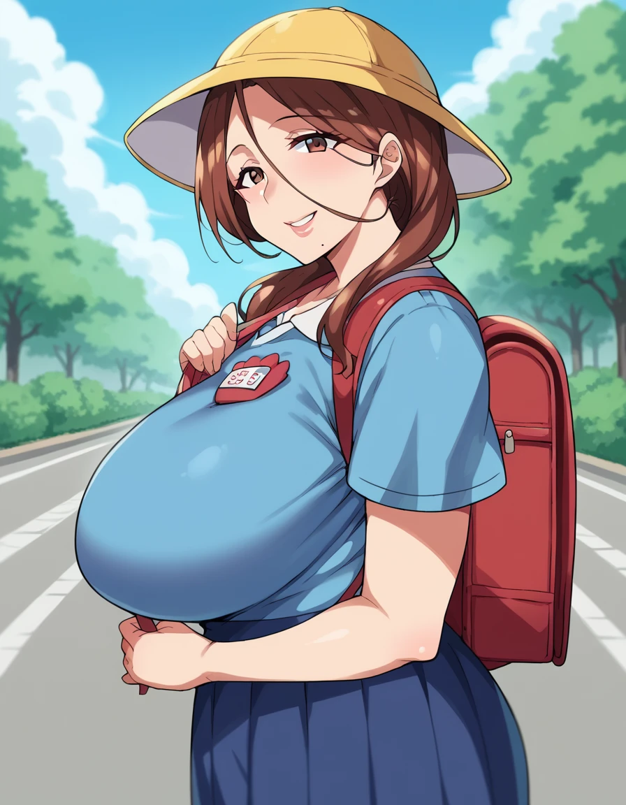 score_9, score_8_up, score_7_up, source_anime, <lora:yumiko-kimura-ova-ponyxl-lora-nochekaiser:1>, yumiko kimura, long hair, brown eyes, mole, huge breasts, mole under mouth, mature female, brown hair,, <lora:kindergarten-uniform-ponyxl-lora-nochekaiser:1> kindergarten uniform, school hat, yellow hat, randoseru, backpack, red bag, blue shirt, name tag, skirt, pleated skirt,, smile, street, houses, road, from side, looking at viewer, holding strap, cowboy shot,