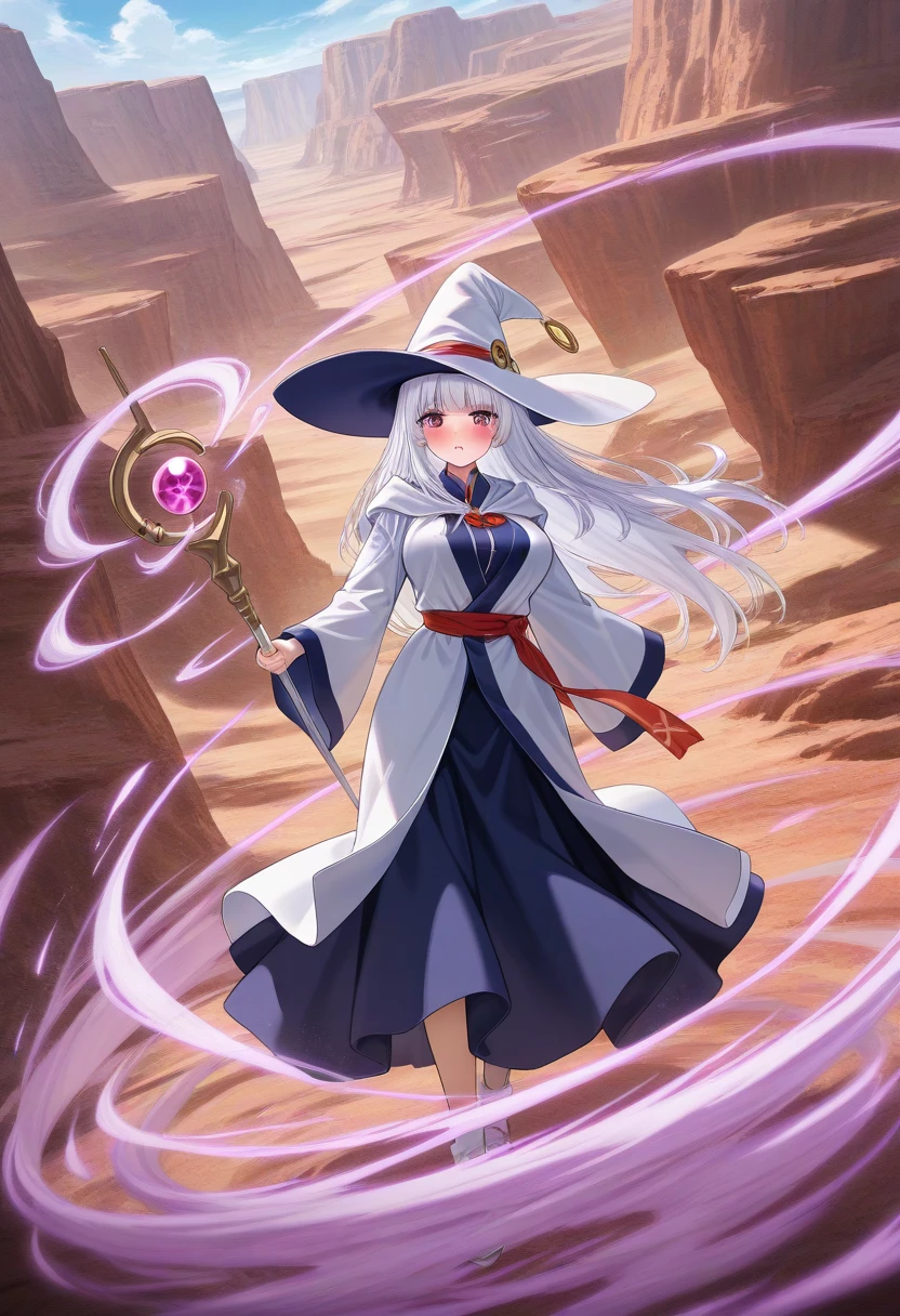 aerokinesis,1girl, solo,large breasts,breasts,blush,day,outdoors,canyon,white hair,red eyes, bangs, purple eyes,very long hair, bangs,witch,witch hat,robe,skirt,<lora:aerokinesis_v1_illustrious:.8>,magic,((holding_staff)),wind, gust,cyclone, twister,, masterpiece, best quality amazing quality very aesthetic high resolution ultra detailed absurdres, newest