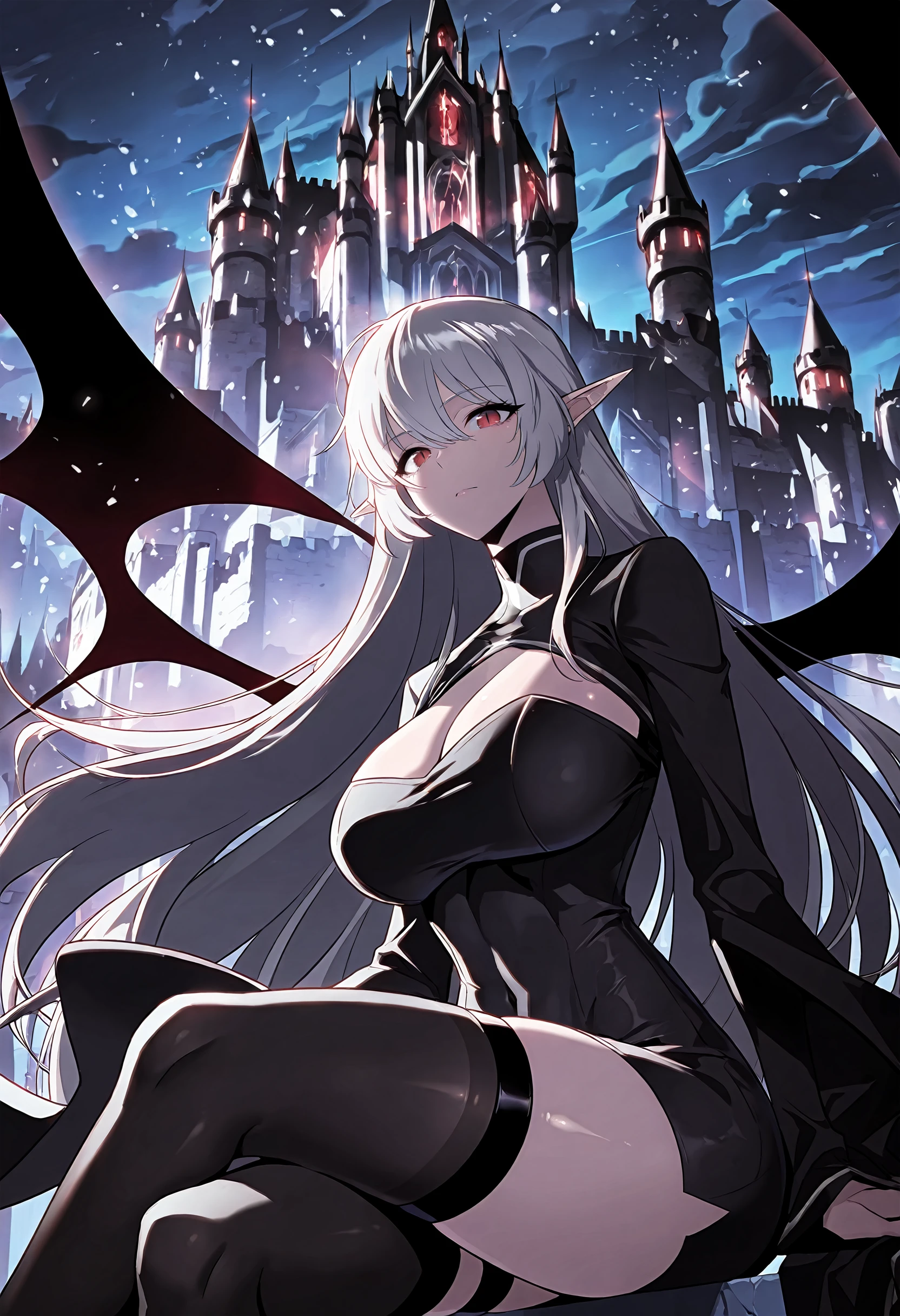 masterpiece, best quality, amazing quality, very aesthetic, absurdres, newest, scenery, 1girl, solo, huge breasts,<lora:Alice von Ataraxia illustxl:0.9> red eyes, pointy ears, long hair, white hair, grey hair, hair between eyes, slit pupils, bat wings, black cape, turtleneck, black dress, cleavage cutout, covered navel, wide sleeves, long sleeves, short dress, thigh strap, black thighhighs, upper body, castle, sitting, crossed legs, dark, night, outside, looking at viewer, shiny skin, masterpiece, best quality, amazing quality, very aesthetic, absurdres, newest, scenery