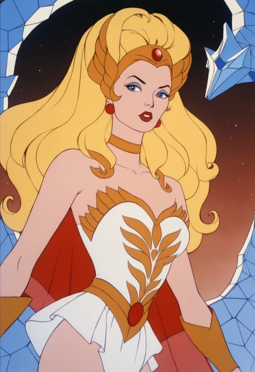 score_9, score_8_up, score_7_up, score_6_up, BREAK, 1girl, <lora:She-Ra_Pony:1> she-r4, blonde hair, long hair, cape, white dress, bare shoulders, gold choker, tiara, retro artstyle, makeup, red lips,  <lora:Anime Boys Style SDXL_LoRA_20r_20e_8i_nr32_a16_Pony Diffusion V6 XL:0.5>, blue eyes