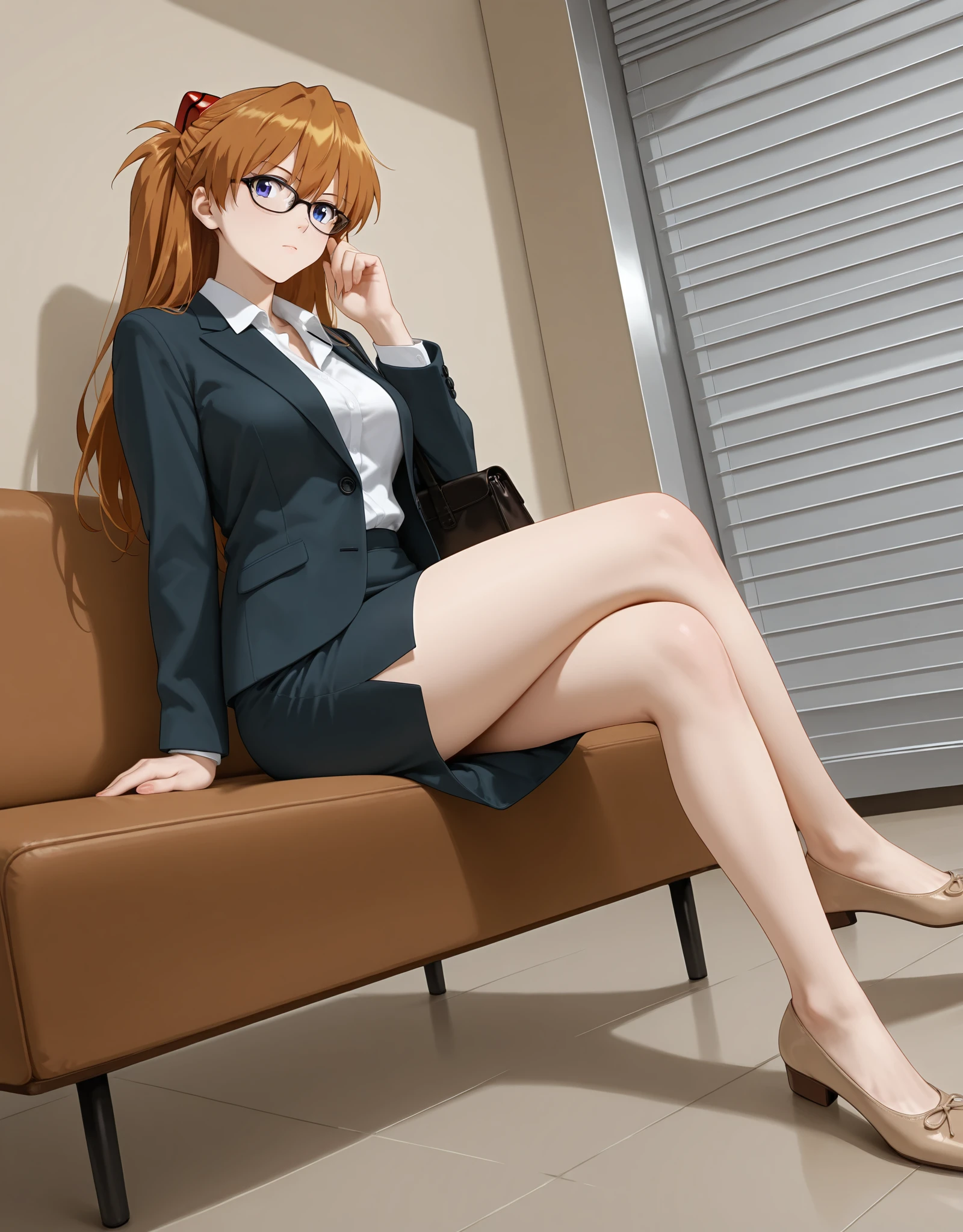 masterpiece,best quality,very aesthetic,zPDXL,1girl,indoor,<lora:flatshoes-000019:0.6>,balletshoesXL1,brown footwear,souryuu asuka langley,flat_shoes,sitting,(realistic:0.3),office lady,skindentation,black-framed eyewear,messenger bag,coffee in hand,dynamic_angle,