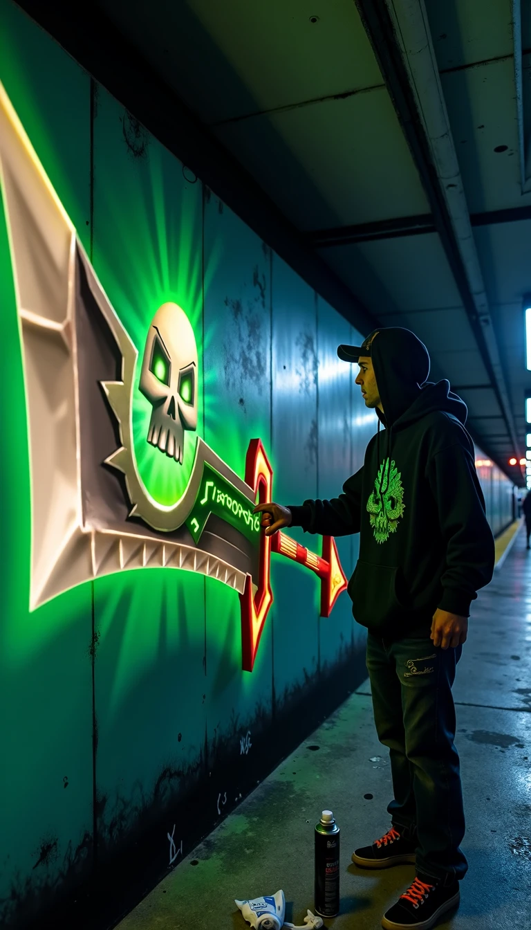 A graffiti artist works late at night in an abandoned subway station, their focus fixed on replicating 'the corrupted greatsword 8shbr1ng3r' in a sprawling mural. The glowing runes of the sword are painted with phosphorescent spray paint, radiating a faint luminescent glow under the artist’s blacklight. The skull motif on the weapon’s hilt is recreated with intricate detail, its hollow eyes staring out from the wall as if alive. Around the mural, the station’s crumbling walls and graffiti-covered surfaces create a gritty, urban atmosphere, while the artist’s spray cans and paint-splattered hoodie add to the realism of the scene. The mood is tense yet creative, with the artist seemingly drawn to the sword’s image as if compelled by an unseen force. [object: sword] [theme: corrupted weapon, glowing runes, skull motif, fantasy] [style: dark fantasy, regal] [details: jagged edges, glowing green aura, ornate hilt]