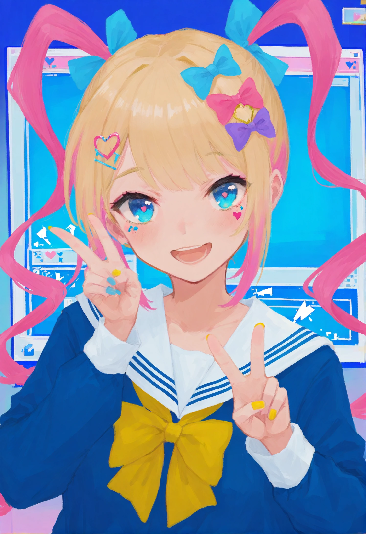 1girl, solo, bow, chouzetsusaikawa tenshi-chan, window \(computing\), glitch, heart, blue eyes, yellow bow, hair bow, purple bow, pink hair, blue hair, multicolored hair, looking at viewer, blue nails, long sleeves, long hair, shirt, multicolored nails, smile, cursor, pink bow, blue bow, open mouth, upper body, quad tails, blue shirt, hair ornament, v, hand up, sailor collar, heart hair ornament, yellow nails, twintails, nail polish, blonde hair, pink nails, multiple hair bows, school uniform, pixelated, serafuku 
,, masterpiece,best quality,very aesthetic,absurdres 
<lora:xilmoforill-000128:0.95>