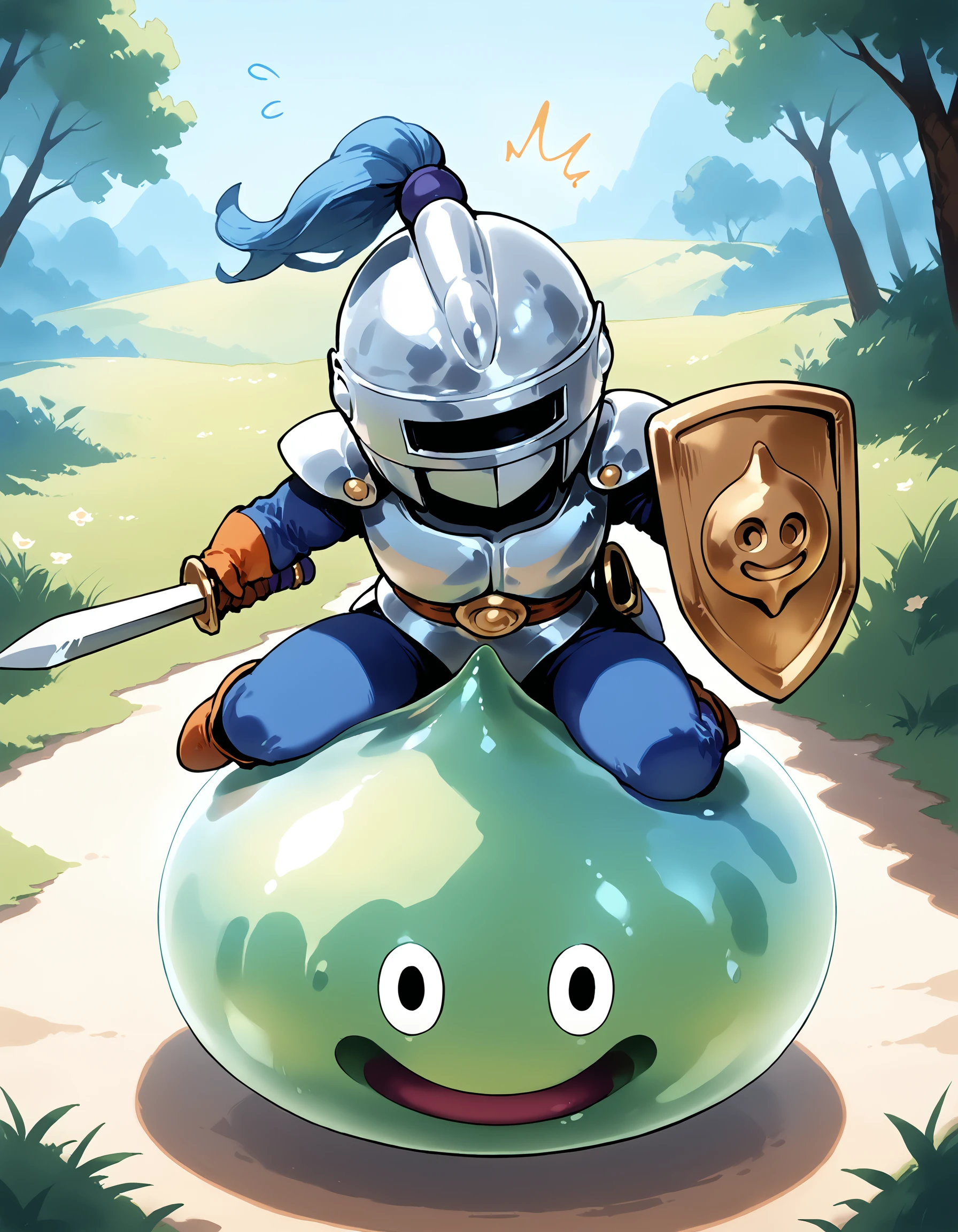 zPDXL3,nature,field,<lora:Pony_DetailV2.0:1>,
slime knight,slime_(dragon_quest),armor,helmet,knight,riding,green skin,<lora:slime knight-v4-pony:1>,holding sword,holding shield,surprised,^^^,sweatdrop,flying sweatdrops,