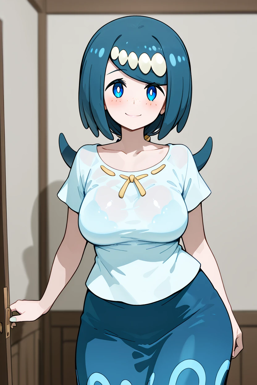 masterpiece, best quality, medium breasts, (curvy),  ,,, BREAK, zzLanasMother, lana's mother (pokemon)  blue hair, blue eyes, long hair, freckles, large breasts, hair ornament, white shirt, blue skirt, <lora:LanasMotherPokemonIXL_v2:1.0>,BREAK,  smile, looking at viewer, cowboy shot,    <lora:MantisStyleIXL:1.0>,