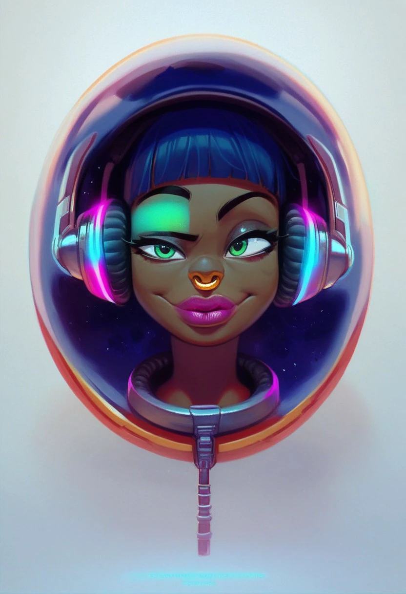 score_9, score_8_up, score_7_up, cartoon, a tiny woman, 1girl, white hime cut,  african woman, t1nyg1rlz,  (big golden nose ring), green eyes, (solo), (thin neck), (portrait), (purple glowing headphones), metal collar, space suit, space helmet, thick lips, smirk, raised eyebrow, psychedelic theme, trippy, full body, buxom,