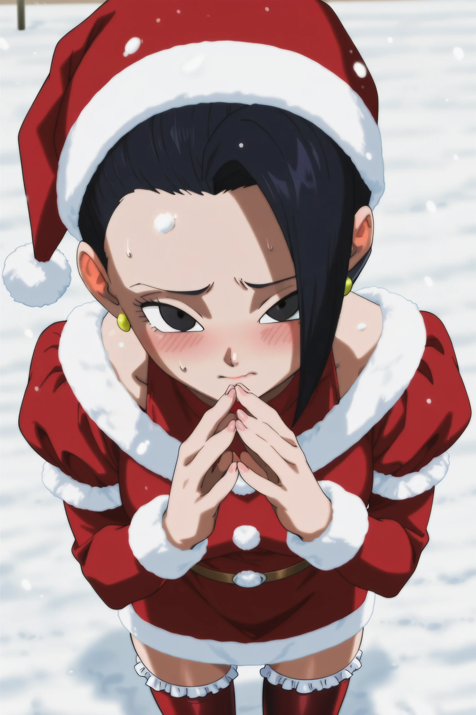 anime screencap, absurdres, high quality,
kale, black hair, black eyes, santa costume, santa hat, snow, dress, embarrassed, looking at viewer, nervous, fingers together, red thighhighs, frilled thighhighs,
<lora:kaleDBS_v1:0.8>