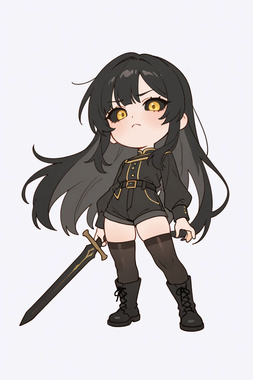 masterpiece, best quality, newest, absurdres, highres, 1girl, solo,
long hair, looking at viewer, simple background, black hair, thighhighs, white background, holding, yellow eyes, weapon, male focus, boots, shorts, sword, black thighhighs, black footwear, holding weapon, frown, holding sword, black shorts, colored sclera, black sclera, owl
<lora:IriaStyleIllustriousV1-000005:1> chibi, full body,