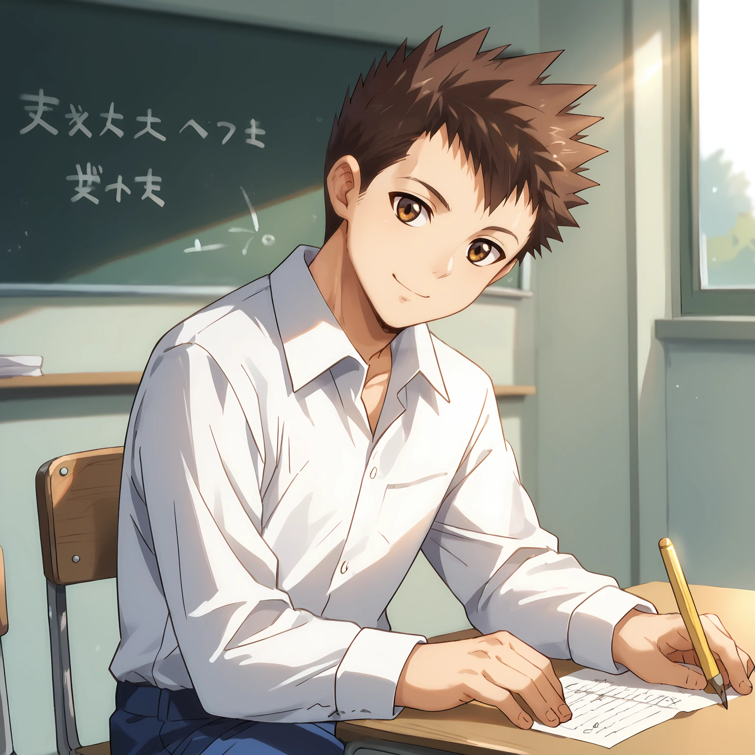 score_9, score_8_up, score_7_up,source_anime, 1boy, sitting, on table, smile, head tilt, classroom, chalkboard, depth of field, sunlight, <lora:Ryou_Sakurai_Koukai_Benjo:0.9> kbrs, scuni, boy, brown hair, spiked hair, brown eyes, white collared shirt, longs blue pants, school uniform,