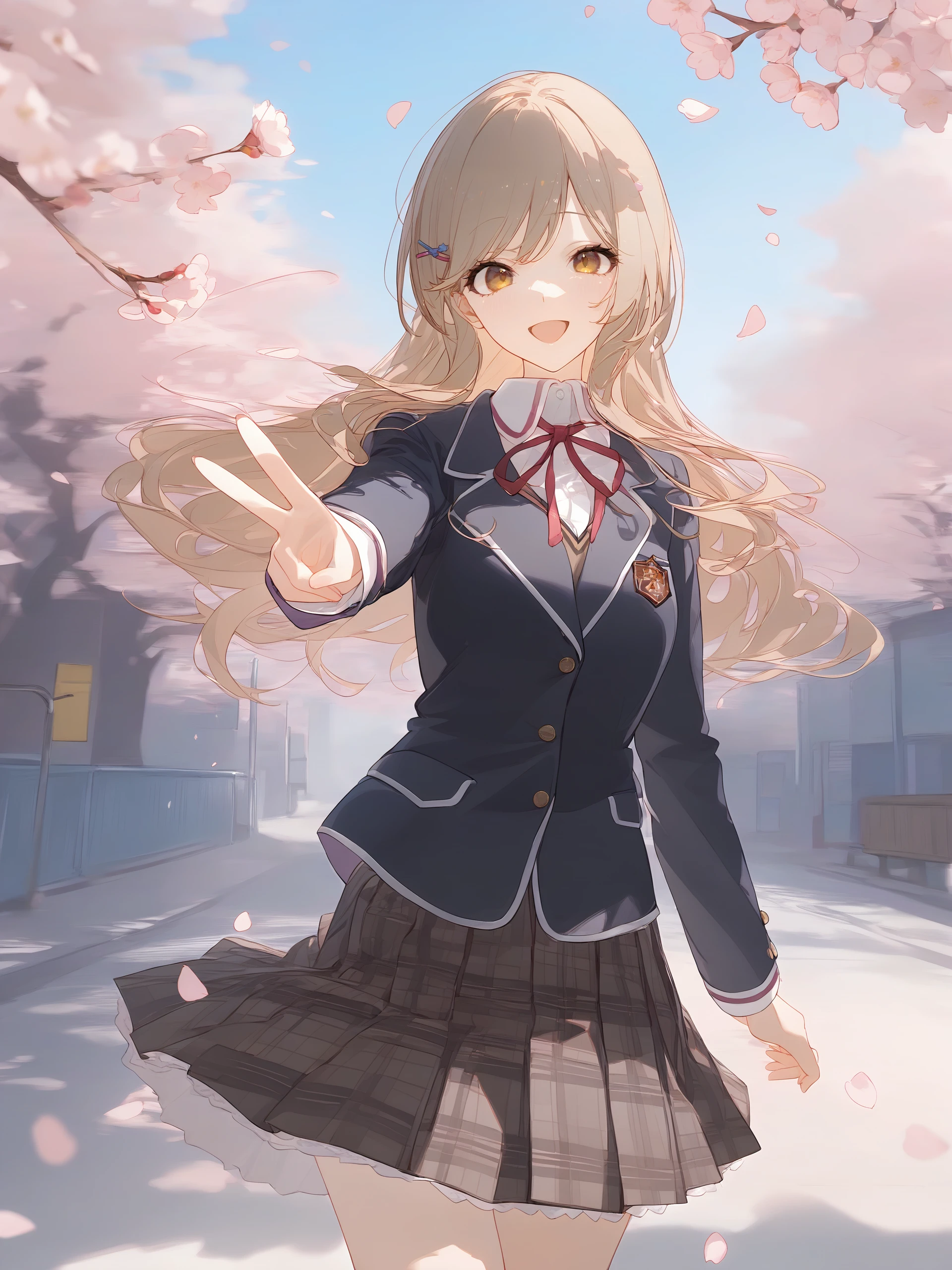 1girl, sena ajisai, hairclip, solo, school uniform, pleated skirt, plaid skirt, white collared shirt, blazer, neck ribbon, double v, looking at viewer, smile, open mouth, standing, cowboy shot, outdoors, street, cherry blossoms, petals, depth of field <lora:Char-Sena_Ajisai-V1-SDXL:0.9>, illustration, incredibly absurdres, ultra detailed, masterpiece, best quality, perfect features, intricate details, ray tracing, very aesthetic, (hitenkei, askzy:0.4), [<lora:XL-detailed_notrigger:0.95>::0.5], [:<lora:XL-aesthetic_anime:1>:0.5] <lora:XL-NAI3:0.9>