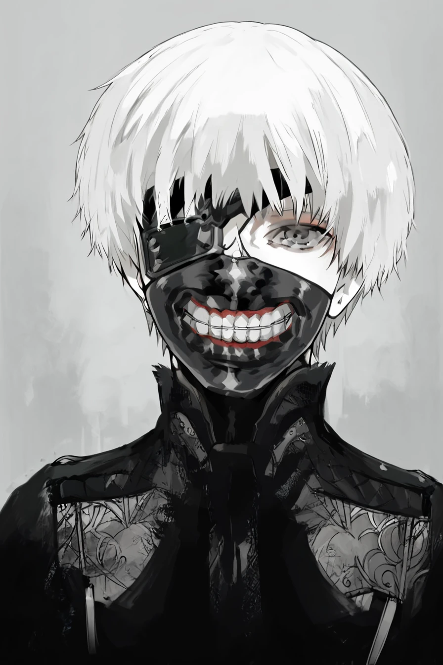 score_9, score_8_up, score_7_up, score_6_up, score_5_up, score_4_up,  <lora:ken_kaneki_pony:0.8> ken_kaneki, white hair,  short hair, bangs, eyepatch, mask, mouth mask, teeth, 1boy,<lora:sui_ishida_style_Pony:1>, sui_Ishida_style,  monochrome, greyscale, solo, alone, standing, looking at the viewer, masterpiece, highres