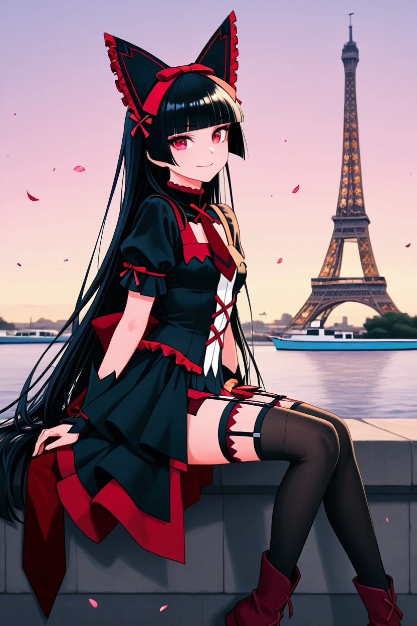 masterpiece, best quality, 1girl, solo, 21 year old model, eyelashes, (beautiful eyes),     ,,, zzRory, rory mercury, red eyes, long hair, black hair, blunt bangs, hime cut, very long hair, hair ribbon, black dress, black thighhighs, garter straps, bow, <lora:RoryMercuryIXL_v3:1.0>,,,, zzEiffelTower in background, sitting, watercraft, boat, sitting on wall, side view, looking at viewer, smile,,, blooming stars, luminescent petals, otherworldly fragrance blurry background, <lora:EiffelTowerIXL_v2:1.0>,