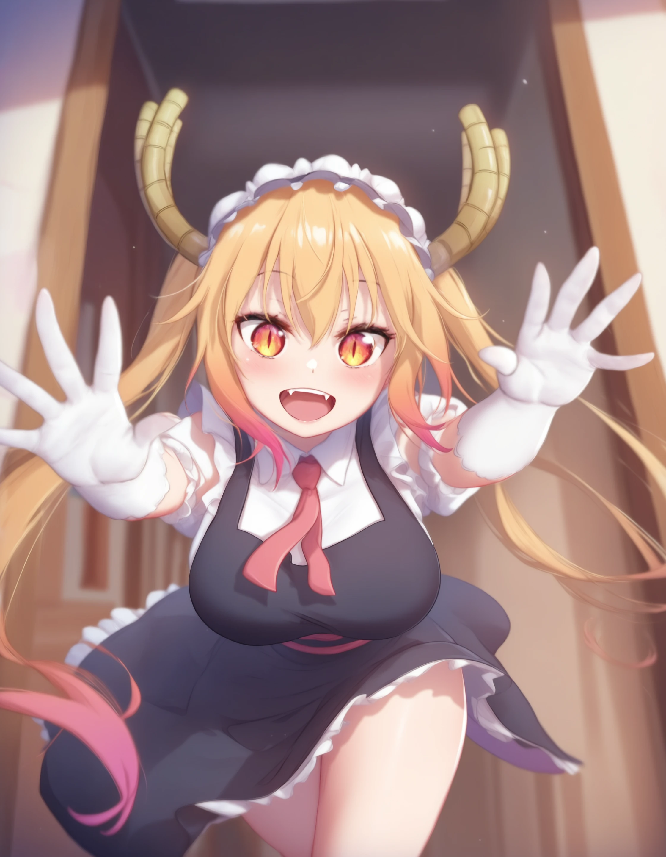 mitsuartstyle, anime screencap, 1girl, solo, breasts, (tohru (maidragon):1.1), maid, reaching out, open arms, :D, fangs, slit pupils, indoors, doorway, running, pov, looking at viewer, masterpiece, best quality, newest, absurdres, highres, safe