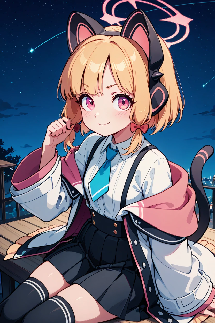 masterpiece, best quality, 1girl, solo, 21 year old model, eyelashes, (beautiful eyes),     ,,, zzMomoi, blonde hair, animal ears, fake animal ears, animal ear headphones, headphones, short hair, bow, halo, cat ear headphones, hair bow, red bow, pink eyes, pink halo, tail, cat tail, red eyes, collared shirt, long sleeves, pleated skirt, white shirt, black skirt, blue necktie, white jacket, wide sleeves, black thighhighs, suspender skirt ,<lora:MomoiBlueArchiveIXL:1.0>,,,,  smile, looking at viewer, stars, night, luminescent background, <lora:GoldenCATLoraIXL:0.8>, <lora:princess_xl_v2:0.3>,