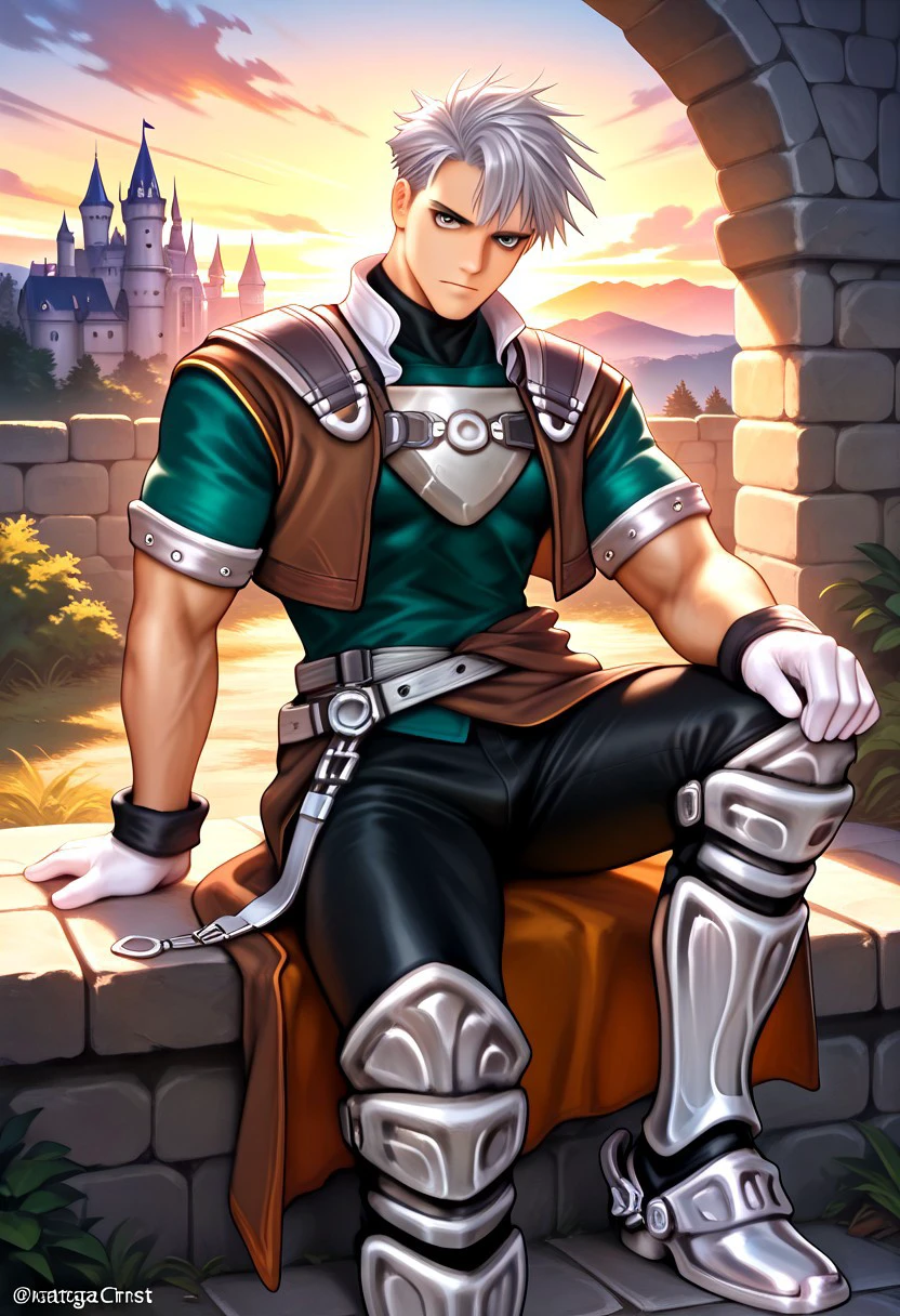 masterpiece, best quality, amazing quality, very aesthetic, absurdres, newest, natgra, 1boy, solo, adult, male focus, muscular, toned male, gray eyes, short hair, silver hair, steel greaves, plated footwear, brown skirt, black pants, (short sleeves, green shirt), brown leather vest, silver belts, white gloves, silver chest plate, sitting down, sunset, stone wall, castle,