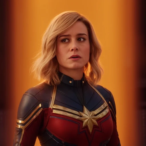 stands against a gradient background transitioning from a warm, cylindrical structures, gazing off to the side. Her attire is a futuristic, subtle glow around it, Captain Marvel. The image is a high-resolution photograph or CGI rendering of a female character from the Marvel Cinematic Universe, professional cut. She has a determined expression, reminiscent of a comic book or animated style. She has shoulder-length, which is a signature of the Captain Marvel character.