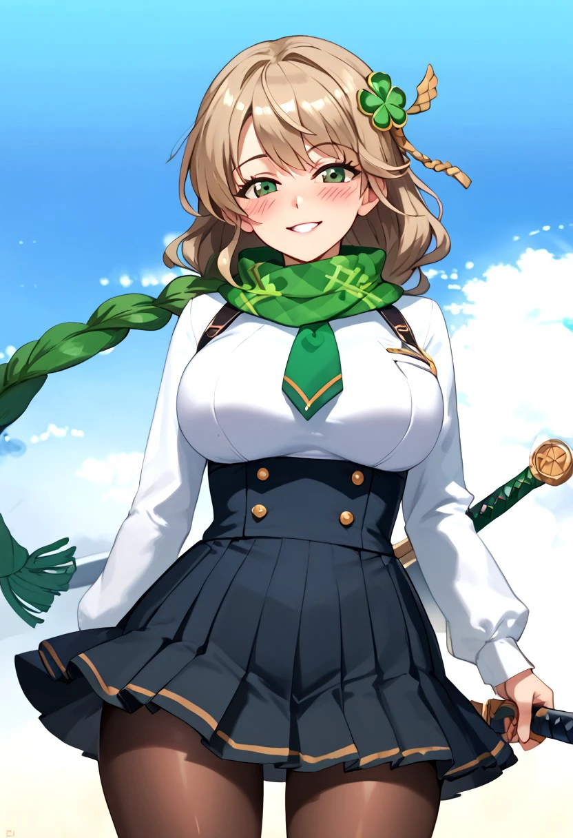 score_4,score_5,score_6,score_7_up,score_8_up,score_9 ((masterpiece,best quality,ultra detailed,highres,HD,4k:1.2)), 
Nutaku,Project QT,((face focus,Close camera angle)),
1girl, green scarf, clover hair ornament, breasts, green eyes, scarf, solo, long hair, pantyhose, necktie, skirt, hair ornament, weapon, clover, braid, four-leaf clover hair ornament, large breasts, single braid, very long hair, looking at viewer, sword, high-waist skirt, four-leaf clover, brown pantyhose, holding, sky, school uniform, light brown hair, blush,
smile,blush,