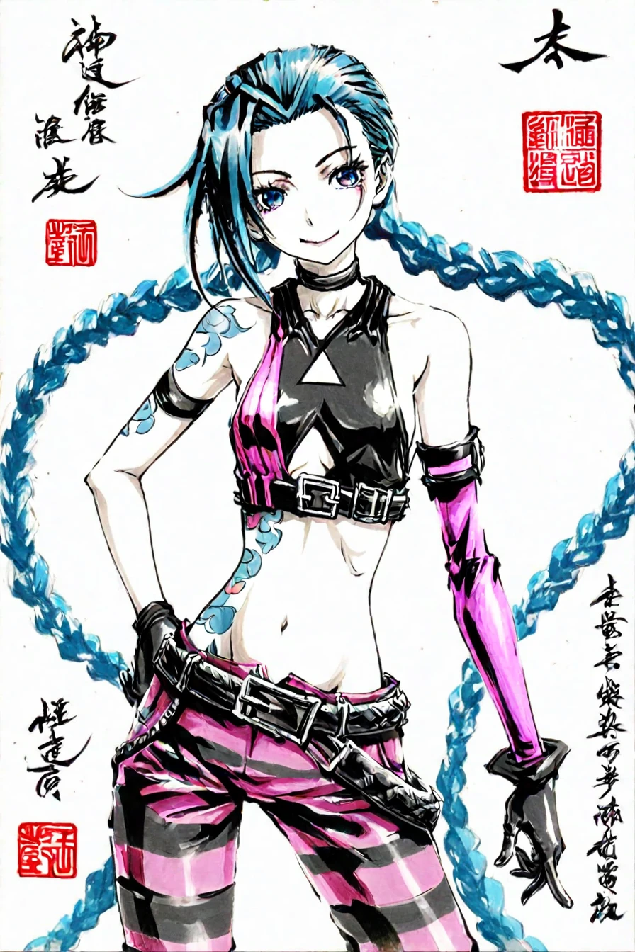 <lora:JinxPDXL:0.6>, (jinx:0.6), blue hair, pale skin, choker, smile, blue eyes, long blue twin pigtails, tattoo,crop top, sleeve, armbands, purple striped pants, gloves, belt, 1girl, solo, alone,   <lora:traditional_japanese_calligraphy_illustriousXL:1>, traditional japanese calligraphy, masterpiece, highres