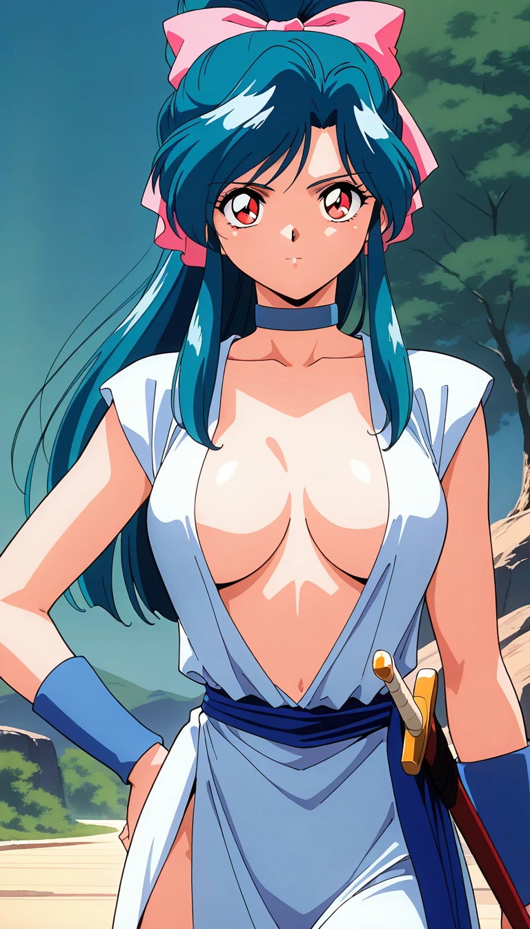 NSFW, masterpiece, (best quality: 1.2), long hair, blue eyes, green hair, worns, big breasts, evil_smile, sexy, ((NURSE)), red lipstick, fishnet stocking, groping breasts, provocative pose