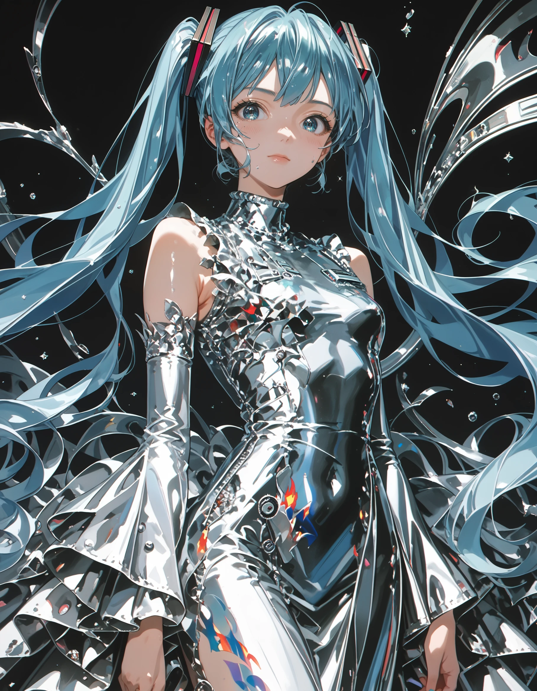 score_9, score_8_up, score_7_up, source_anime,intricate details,detailed background,Masterpiece,best quality,Chrome_core,hatsune miku, blue hair, chrome flames, metal dress,idolmaster, shiny clothes, <lora:chrome_core:1>