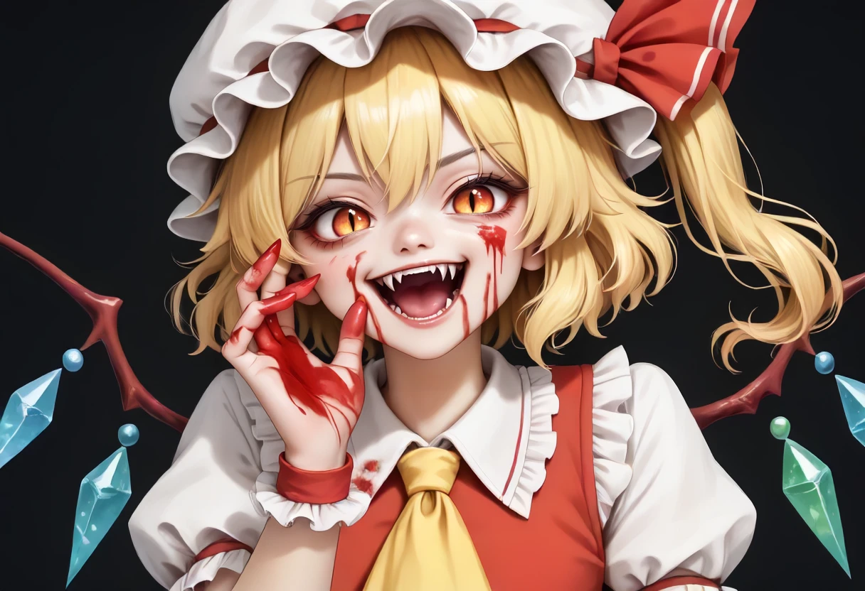 score_9,score_8_up,score_7_up,score_6_up,score_5_up,source_anime,<lora:Flandrescarlet_touhou_ponyxl:0.8>,flandre_scarlet_touhou,<lora:Add_more_details_V2_XLpony:1>,full_details,1girl,ascot,blonde hair,blood,blood on face,blood on hands,crazy,crystal,evil smile,fangs,hat,hat ribbon,looking at viewer,mob cap,multicolored wings,one side up,open mouth,puffy short sleeves,puffy sleeves,red eyes,red vest,ribbon,short sleeves,side ponytail,slit pupils,smile,solo,vampire,vest,white hat,wings,wrist cuffs,yellow ascot,