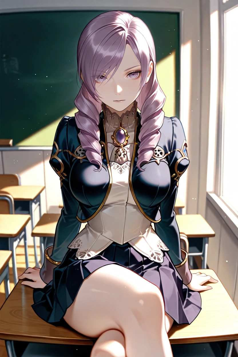 masterpiece, best quality, absurdres,
<lora:HGDaniella:1.0>
HGDaniella, 1girl, drill hair, long hair, purple hair, purple eyes, looking at viewer, school uniform, classroom, sitting, crossed legs, on desk