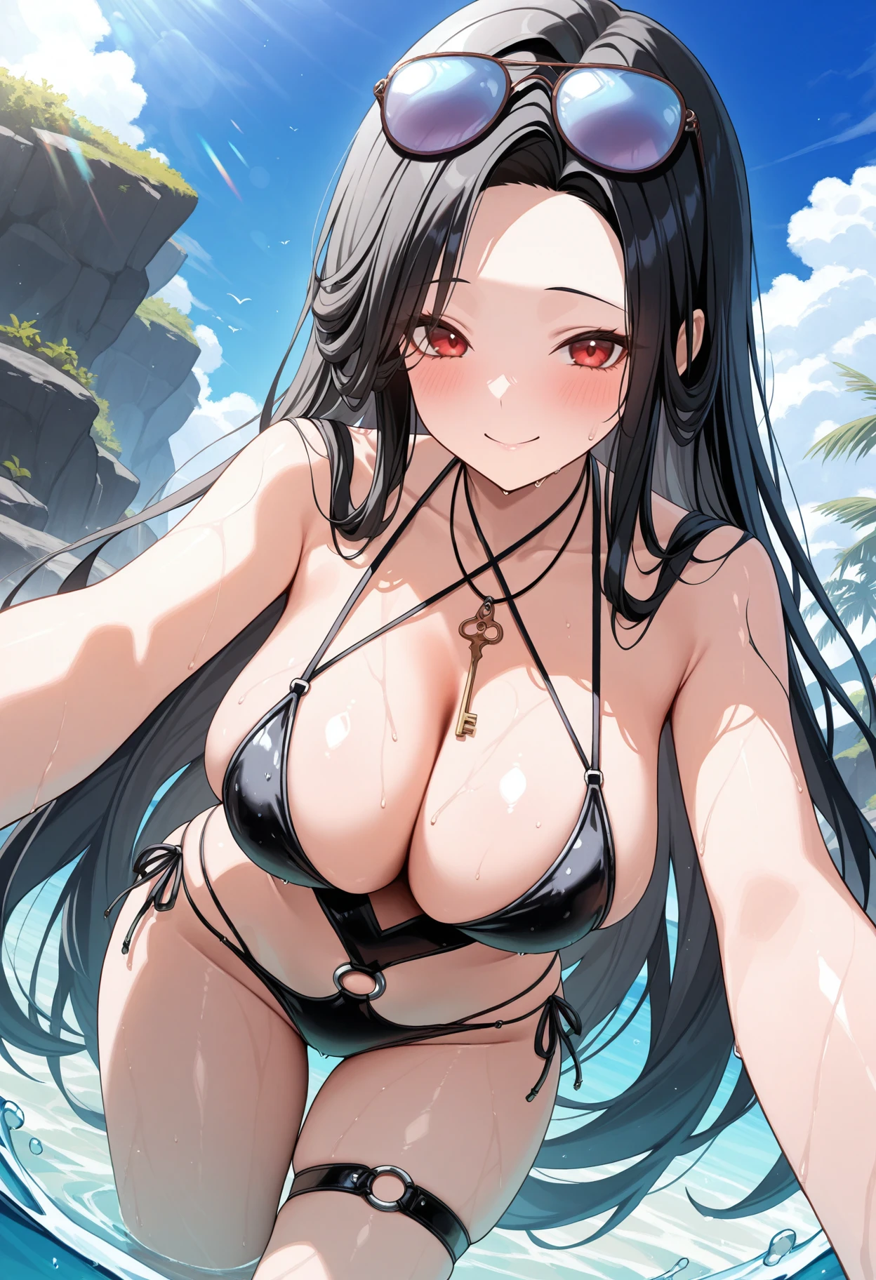 masterpiece, best quality, absurdres, highres, newest, <lora:maiden-nikke-richy-v1_ixl:1> mdnsum, red eyes, black hair, very long hair, large breasts, eyewear on head, sunglasses, black swimsuit, o-ring swimsuit, criss-cross halter, cleavage, key necklace, side-tie bikini bottom, o-ring, thigh strap, black nails, outdoors, sunlight, blue sky, smile, looking at viewer, blush, wet, shiny skin