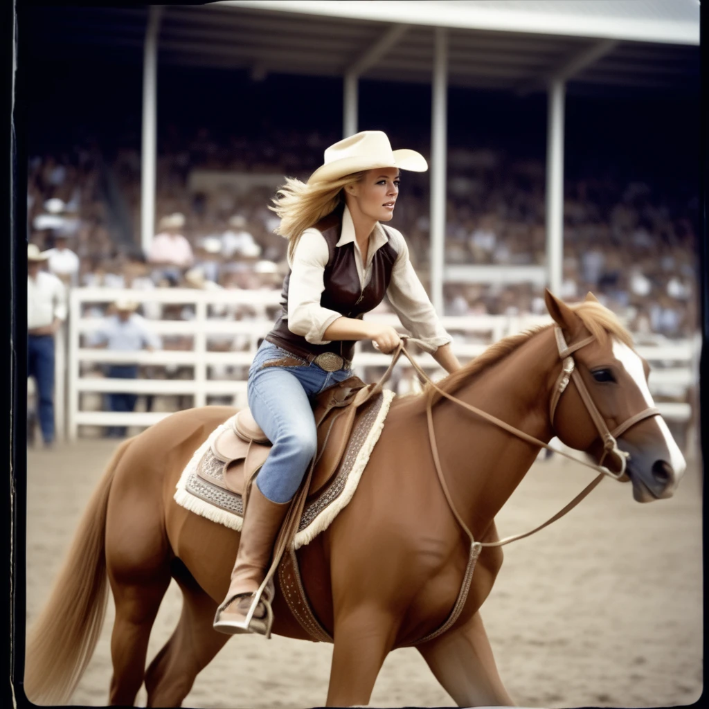 analog film photo  <lora:Jeri_Ryan:1> jeryan, jeri_ryan,  a blonde model in a fringed leather vest and jeans riding a bucking bronco mid-action at a lively rodeo. Her hair flies wildly under her cowboy hat as she holds onto the reins with determination. Captured with a 200mm telephoto lens to freeze the action, the frame focuses on her fierce expression and the energy of the moment. Harsh midday lighting emphasizes the dust kicked up by the horseâs hooves, creating dynamic motion and grit. . faded film, desaturated, 35mm photo, grainy, vignette, vintage, Kodachrome, Lomography, stained, highly detailed, found footage