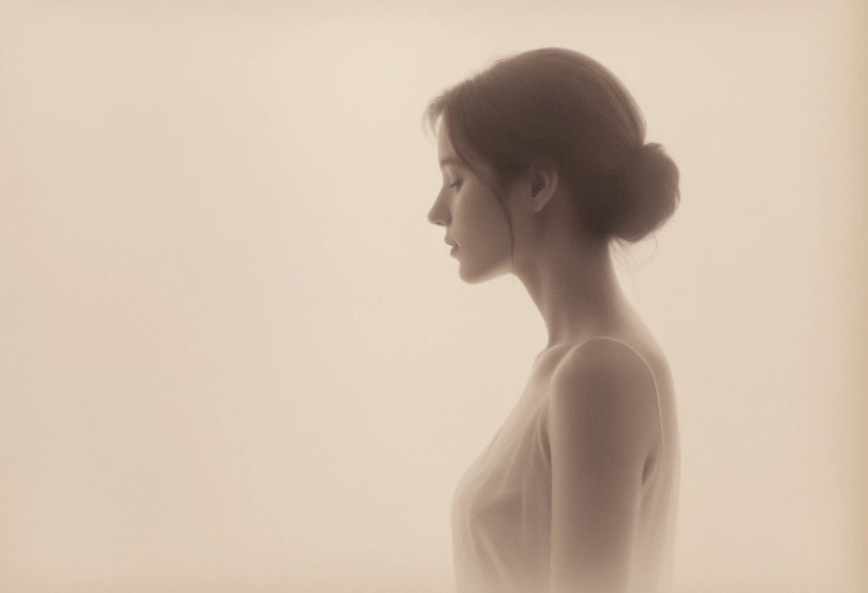 n aesthetic, minimalist depiction of a female profile in side view. The focus is on the soft contours and calm, monochromatic tones. The scene feels mystical and dreamy, almost as if viewed through a delicate mist, with gentle light accentuating the silhouette. The background is diffuse and creamy white, drawing attention to the elegant simplicity of the figure.