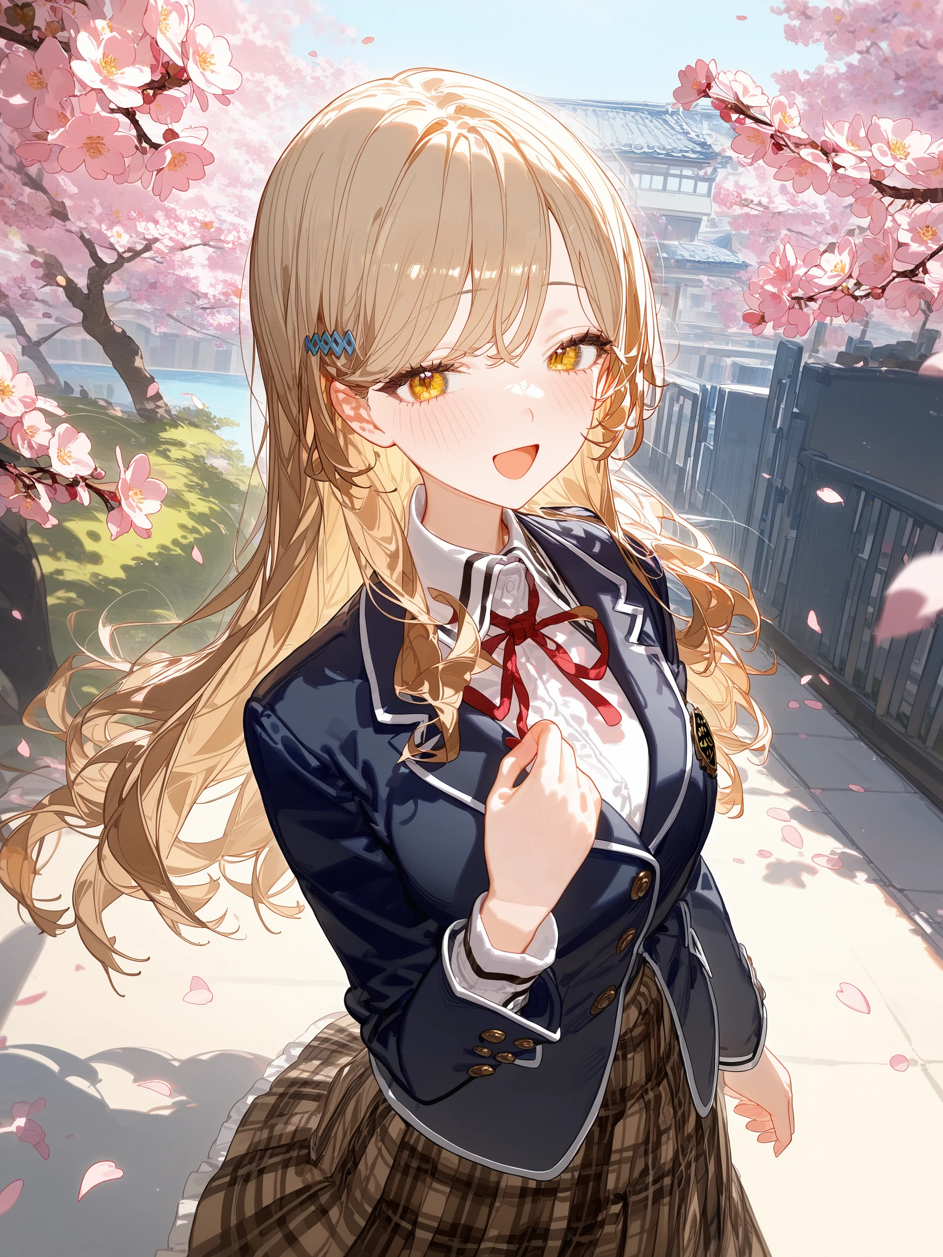 1girl, sena ajisai, hairclip, solo, school uniform, pleated skirt, plaid skirt, white collared shirt, blazer, neck ribbon, looking at viewer, smug, open mouth, naughty face, hand on own face, standing, cowboy shot, outdoors, street, cherry blossoms, petals, depth of field <lora:Char-Sena_Ajisai-V1-SDXL:0.9>, illustration, incredibly absurdres, ultra detailed, masterpiece, best quality, perfect features, intricate details, ray tracing, very aesthetic, (hitenkei, askzy:0.4), [<lora:XL-detailed_notrigger:0.95>::0.5], [:<lora:XL-aesthetic_anime:1.2>:0.5]