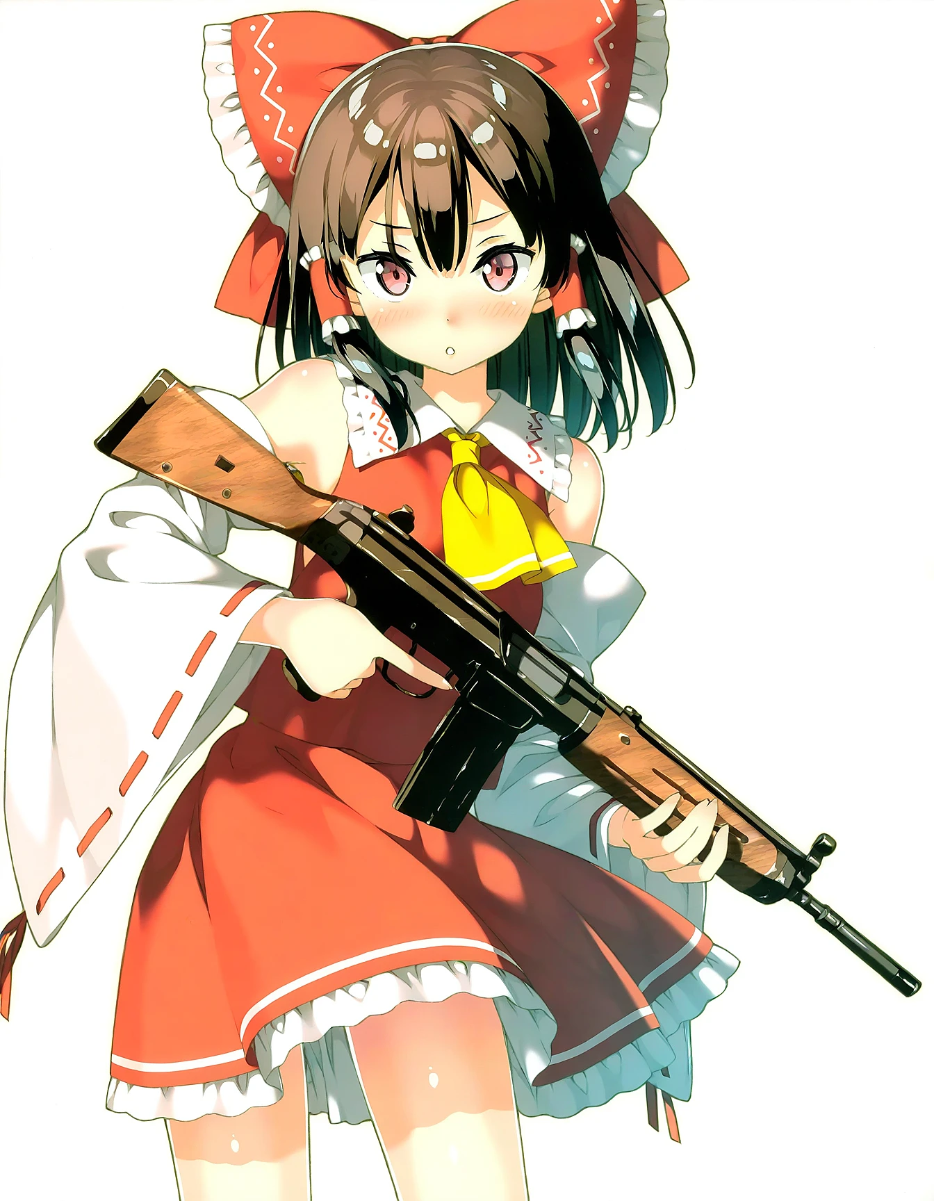 1girl, solo, hakurei_reimu,touhou,hair_bow,red_bow,detached_sleeves,yellow_ascot,frilled_bow,frilled_hair_tubes,red_skirt,ribbon-trimmed_sleeves,wide_sleeves,white_sleeves, stent r91, assault rifle, holding gun, two handed, trigger discipline, standing, ta...