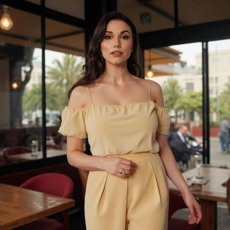 (A cinematic shot of <lora:Grace_Caroline_Currey:1> a young woman with a light to medium skin tone. a stunning female model, wavy hair, makeup and mascara. She is wearing an off-shoulder sundress , standing in cafe looking at the viewer)