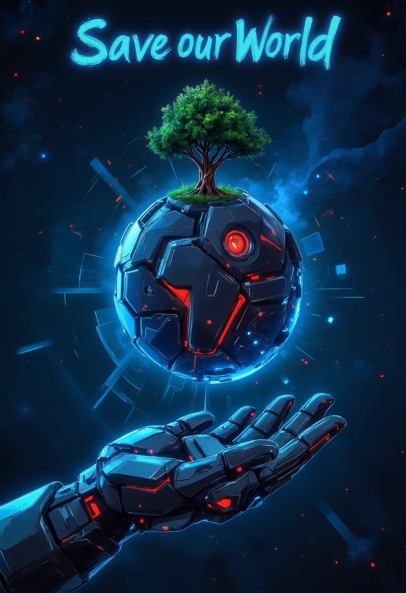 pst009, AI, Artificial Intelligence Concept, a digital world in his hand, on the top of the world a green tree, Futuristic technology transformation, Writing above "Save our World"