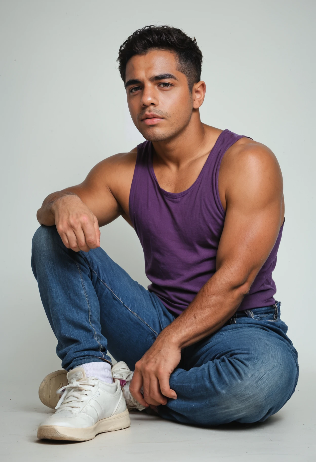 score_9, score_8_up, score_7_up, score_6_up, realistic, photorealistic, highly detailed, portrait photo, <lora:xl_jay_torres-07:0.8>  male latino jayperson, wearing purple tank top shirt and jeans and socks and sneakers, white background