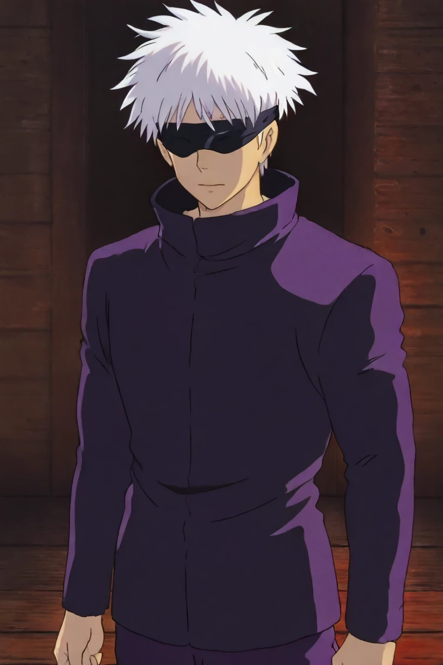 <lora:GojoSatoruPony:0.8> SatoruGojo, (gojou satoru:0.6),  white hair, purple pants, high collar, blindfold, covered eyes, black blindfold, purple jacket, purple pants, 1boy, solo, alone, <lora:princess_momonoke_style_illustriousXL:1>, princess_momonoke_style, masterpiece, highres