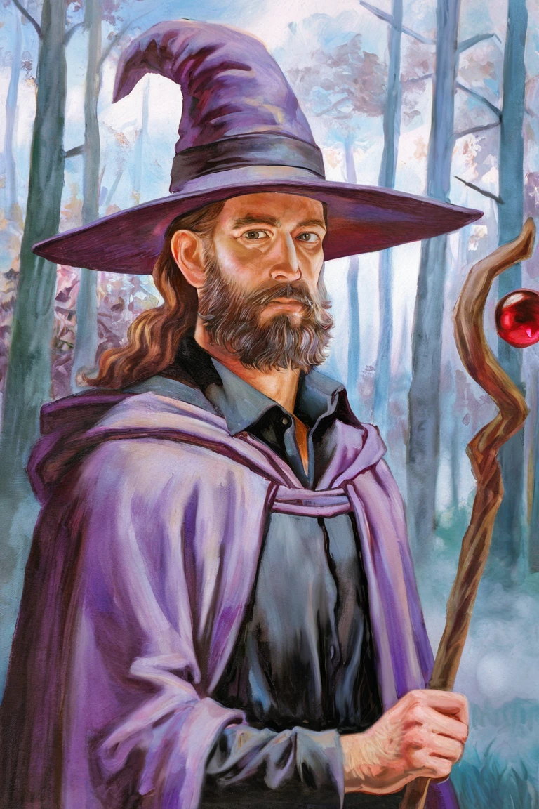 masterpiece, best quality, highres, newest, dreampainting, traditional media, realistic, 1boy, solo, male focus, mature male, wizard, long hair, brown hair, black eyes, looking at viewer, hat, facial hair, beard, mustache, staff, wizard hat, purple hat, black shirt, collared shirt, robe, purple robe, hooded cloak, holding, holding staff, upper body, closed mouth, standing, outdoors, forest, nature, tree, fog, dark background <lora:Dream Painting [LoRA] - NoobAI-XL EPS 1.0:0.8>