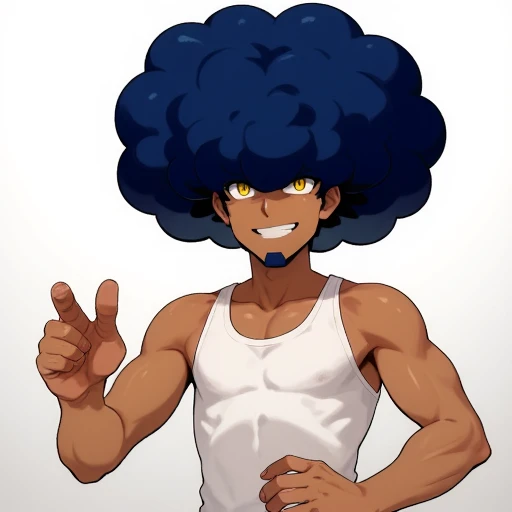 In this digital anime-style drawing, NOSkatch, a muscular, dark-skinned individual with voluminous, curly blue hair and striking yellow eyes, is depicted. NOSkatch is wearing a white tank top and giving a thumbs-up with a confident smile. The background is a gradient from white to gray. The image has a bold, clean line art style with vibrant colors, typical of modern anime character design.