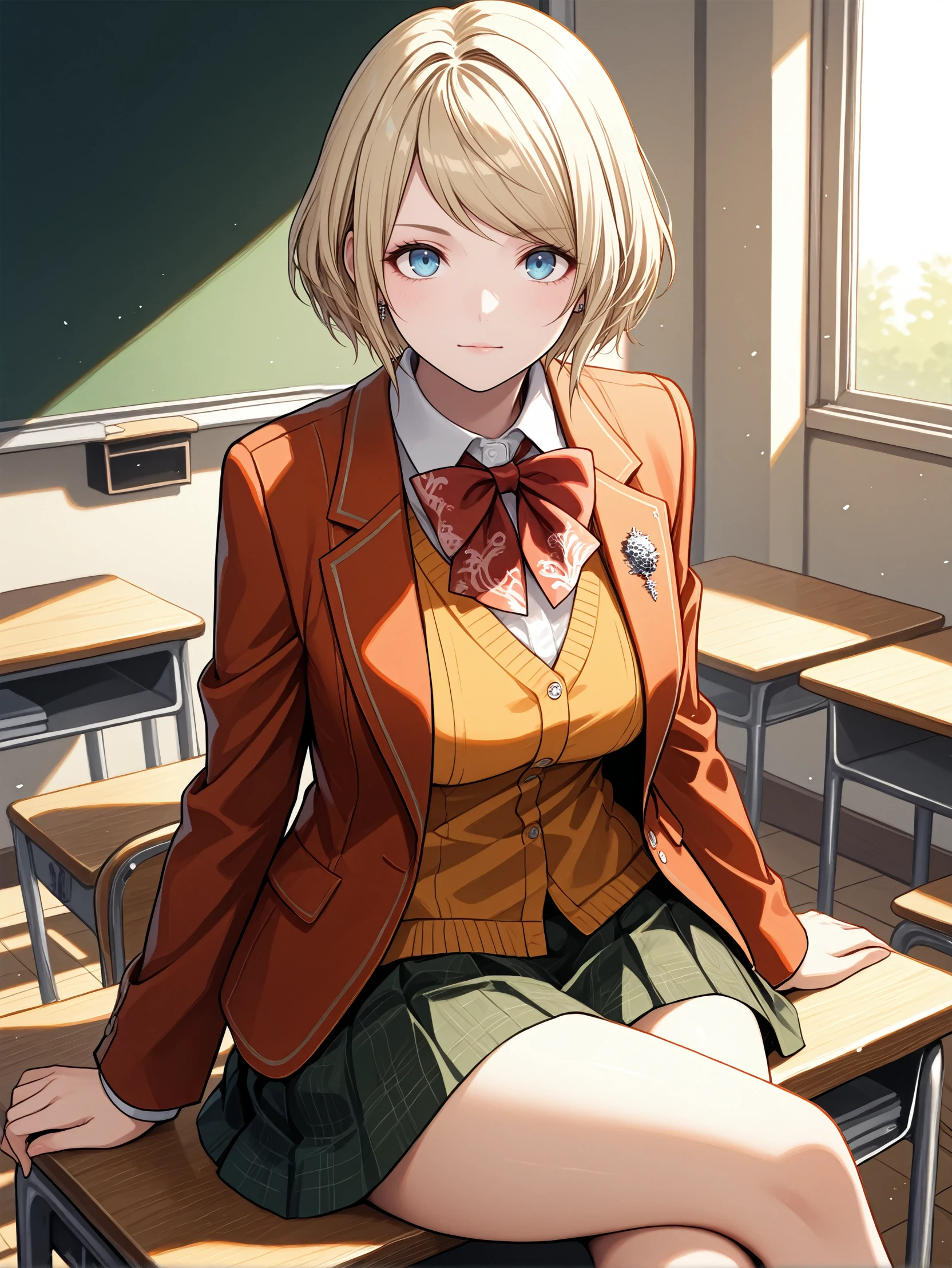 masterpiece, best quality, absurdres,
<lora:RE4Ashley:1.0>
RE4Ashley, 1girl, blonde hair, short hair, blue eyes, looking at viewer, school uniform, classroom, sitting, crossed legs, on desk