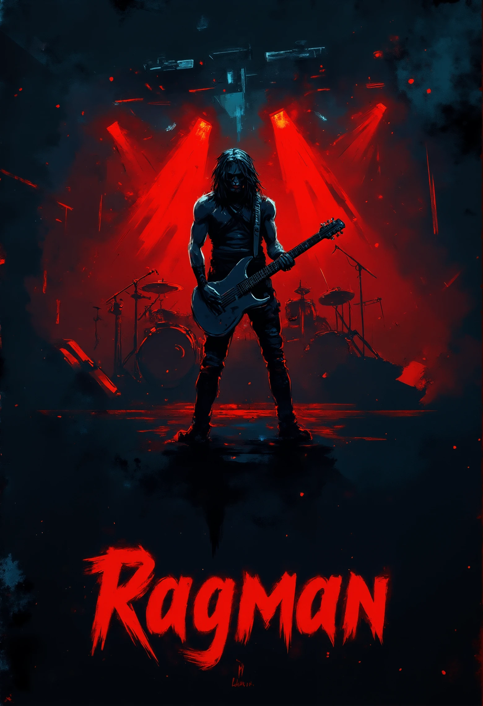 pst009, Poster for the music film "Ragman". Uses heavy metal font and ink painting style, featuring a rock musician with a guitar, set against a stage backdrop with spotlights. The silhouette is made of heavy metal script text. Minimalist design with bold, contrasting colors creates a powerful atmosphere. Large text area for title, author, and date, with the artist's signature in the bottom corner. Blends minimalist art, simple brush strokes, and modern graphic design