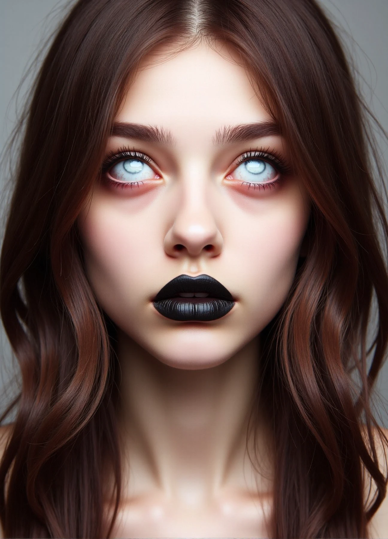 <lora:tranceeyez4flux-000012:1> A closeup shot of a brunet woman with black lips and white skin, tranceeyez4flux, blushing, blush