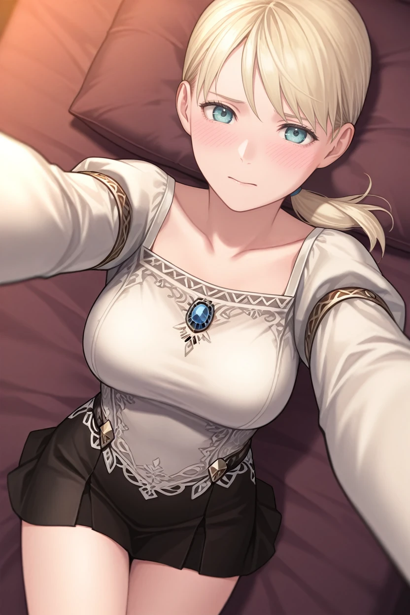 masterpiece, best quality, absurdres,
<lora:HGFiona:1.0>
HGFiona, 1girl, blonde hair, ponytail, blue eyes, looking at viewer, lying on bed, selfie, blushing, cowboy shot