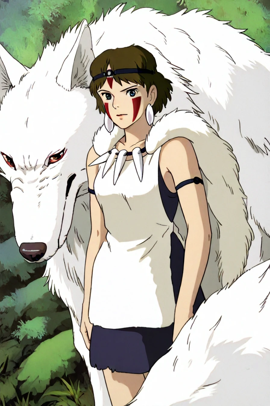 1girl, solo, short hair, brown hair, gray eyes, headband, facepaint, earrings, white sleeveless top, navy under dress, arm cuffs, fur headdress, fur cape, tooth necklace, white wolf,  <lora:princess_momonoke_style_illustriousXL:1>, princess_momonoke_style, masterpiece, highres