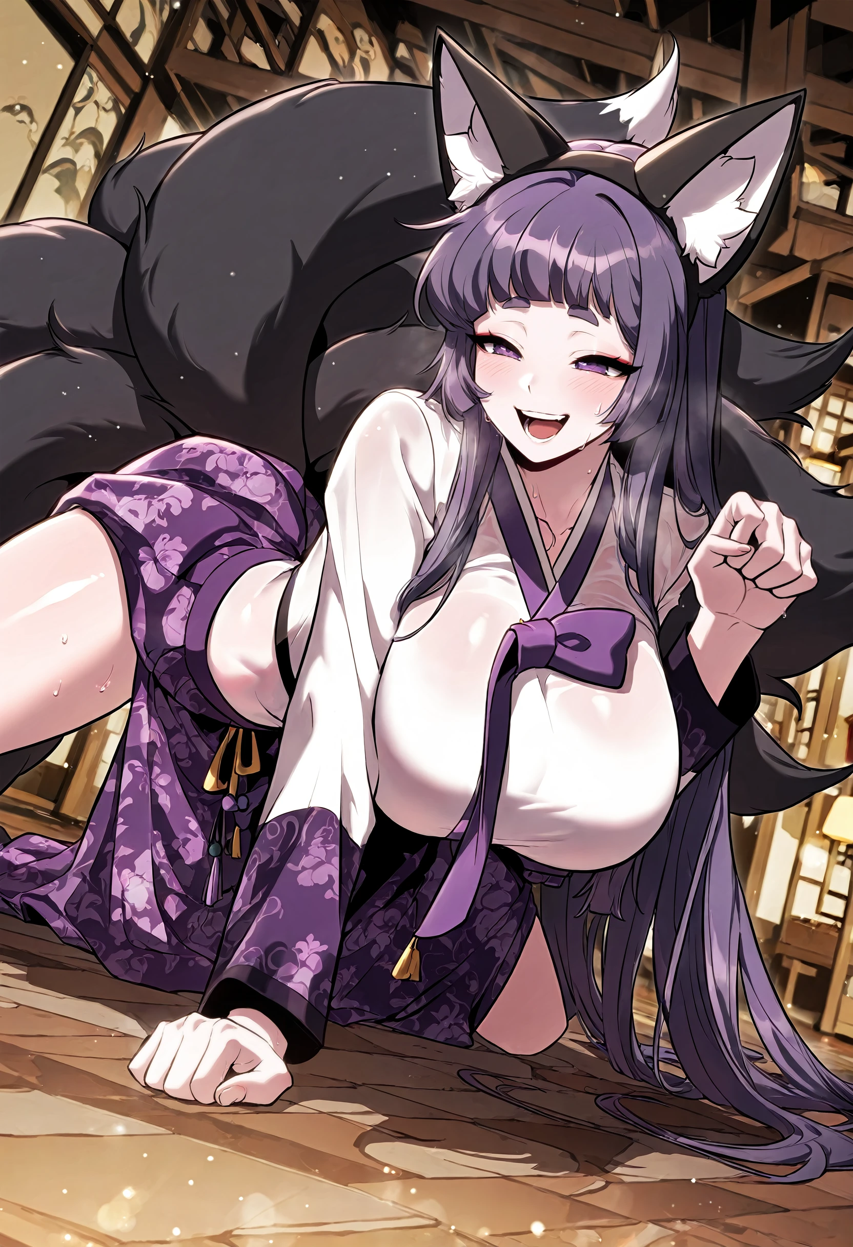 masterpiece, best quality, amazing quality, very aesthetic, absurdres, newest, scenery, 1girl, solo, huge breasts, half-closed eyes, smile, blush, open mouth, <lora:Andrea illustxl:0.9> long hair, purple hair, purple eyes, blunt bangs, hime cut, thick eyebrows, short eyebrows, fake animal ears, fox ears, hanbok, white shirt, purple bow, cropped shirt, purple skirt, floral print skirt, black tails, fox tail, kyuubi, sweat, all fours, spread legs, living room, paw pose, on floor, inside, dutch angle, shiny skin, masterpiece, best quality, amazing quality, very aesthetic, absurdres, newest, scenery