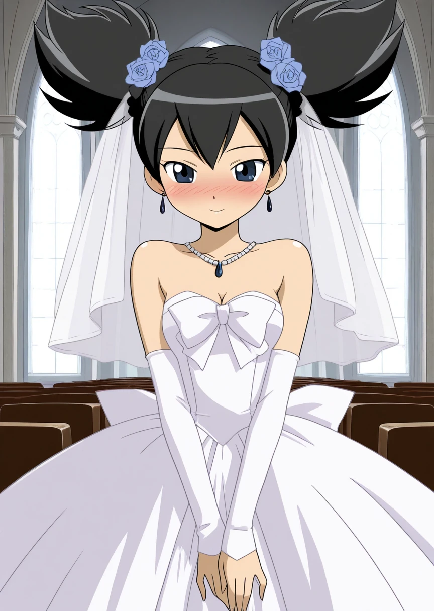 masterpiece, best quality, Kurumi nui, onegai my melody, 1girl, solo, blue eyes, black hair, earrings, jewelry, hair flower, high twintails, detached sleeves, ribbon, bare shoulders, strapless, happy, tail, wedding dress, wedding veil, church, blush, deep blush, nose blush,