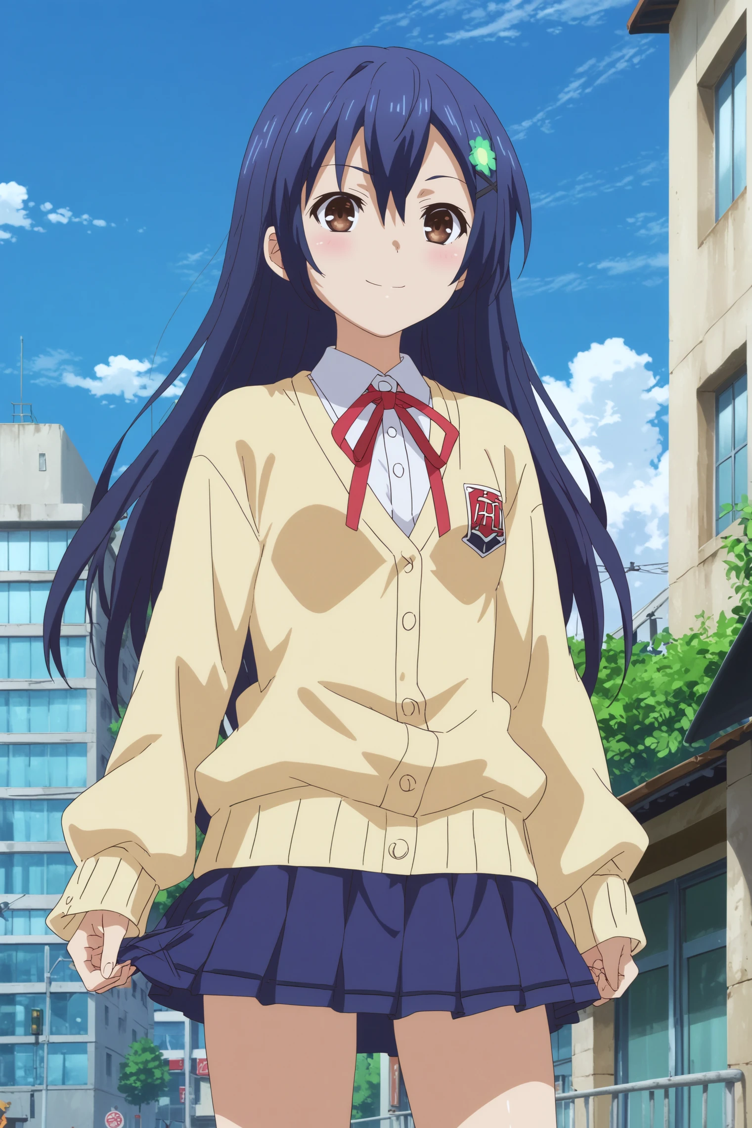  shiori itsuka,1girl,solo,long hair, blue hair,brown eyes,school uniform,skirt,sweater,cardigan,otoko no ko, BREAK smile,standing, BREAK  outdoors,blue_sky,city,building  