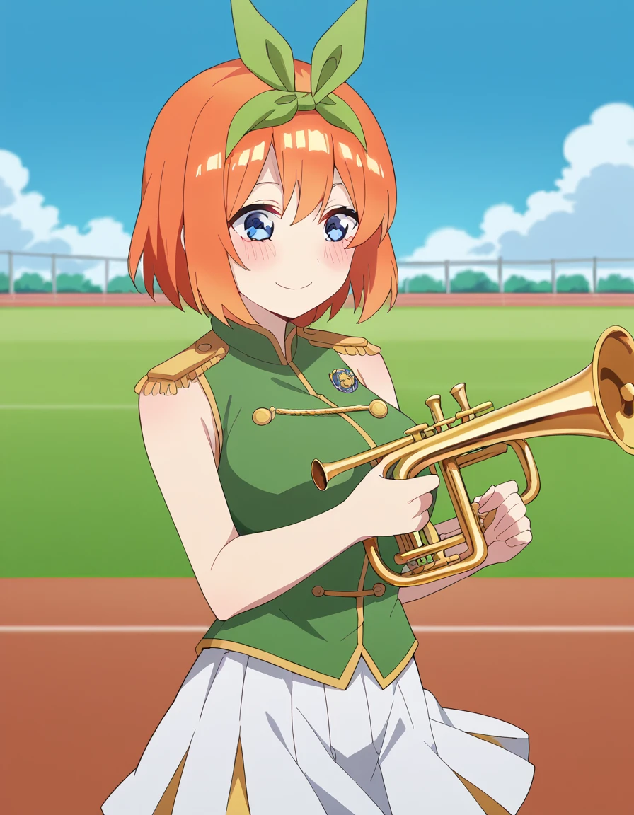 score_9, score_8_up, score_7_up, source_anime, <lora:yotsuba-nakano-s2-ponyxl-lora-nochekaiser:1>, yotsuba nakano, bangs, short hair, blue eyes, hair between eyes, hair ribbon, hairband, orange hair, green ribbon, large breasts,, <lora:band-uniform-ponyxl-lora-nochekaiser:1> band uniform, marching band, shako cap, trumpet, epaulettes, instrument, sleeveless, skirt, white skirt, miniskirt, playing instrument, track and field, blush, smile,, cowboy shot,