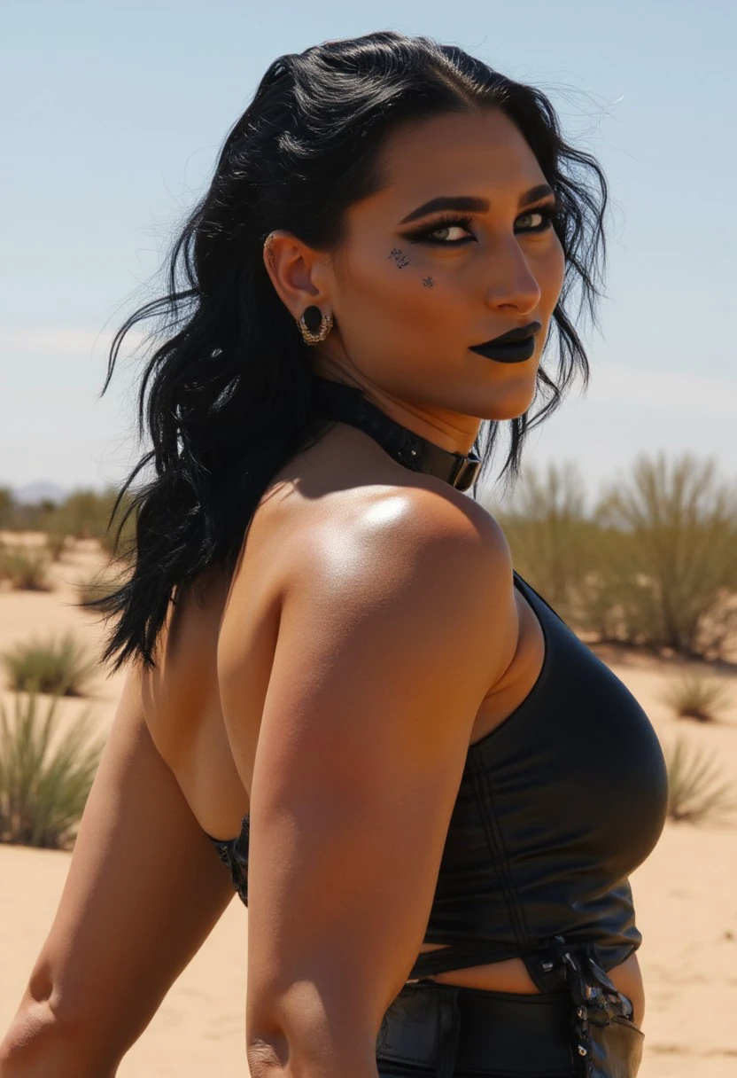 RheaRipley, black hair and black makeup, shooting a GLOCKG, in the desert,sideview, black leather clothes