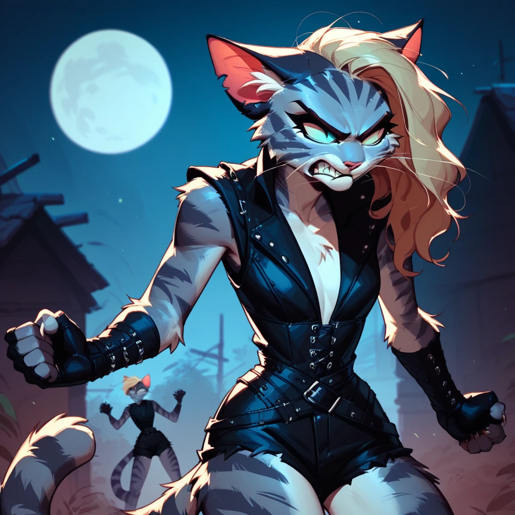 Score_9, score_8_up, score_7_up, Kat, Anthro, Anthro furry feline girl, grey striped fur, blonde hair, undercut haircut, black leather vest, black gloves, black short shorts, standing, angry, outdoors, nighttime, moon,