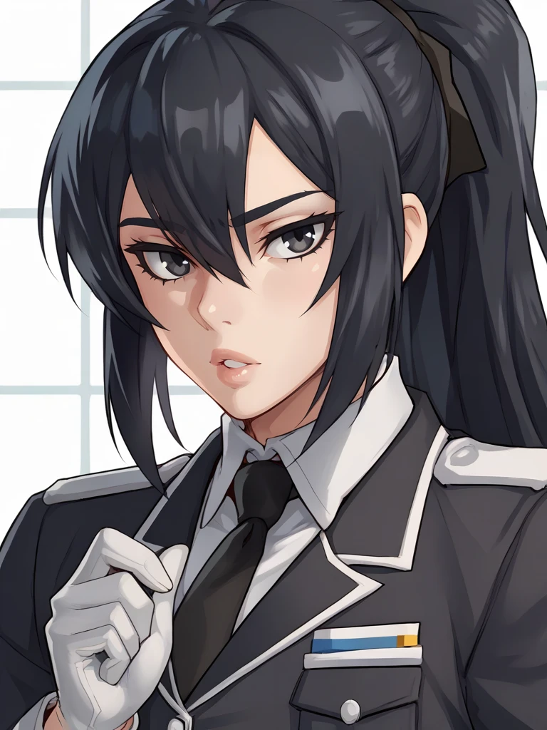 <lora:Mikoyan-PonyXL-1024px-v1.0:1>
score_5_up,   
1girl, solo, portrait, looking at viewer, uniform, black uniform,  long hair, black hair, ponytail, collared shirt, white shirt, necktie, white gloves, parted lips